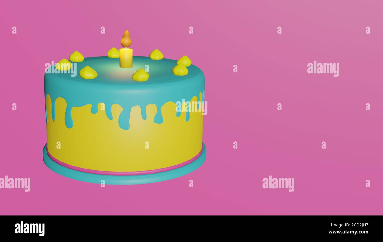 Torta di compleanno con una candela su colori pastello colorati con spazio di copia Foto Stock