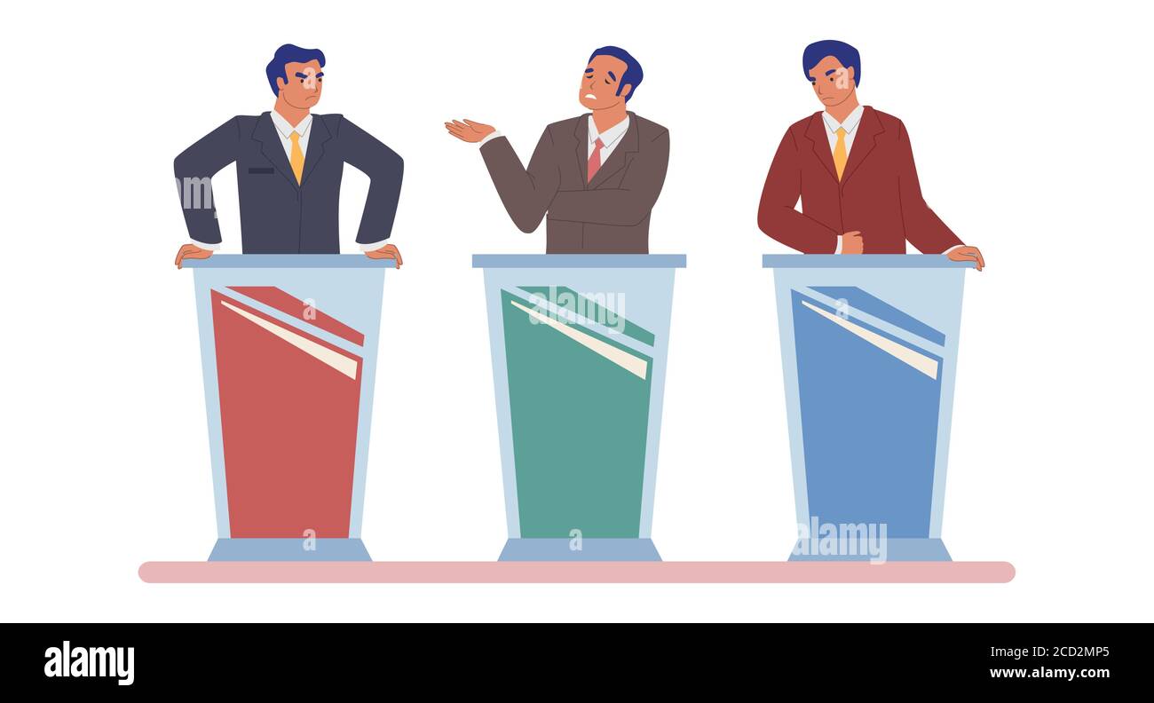 Dibattito in diretta tv, dialogo politico tra candidati, politici, vettore piatta illustrazione isolata Illustrazione Vettoriale
