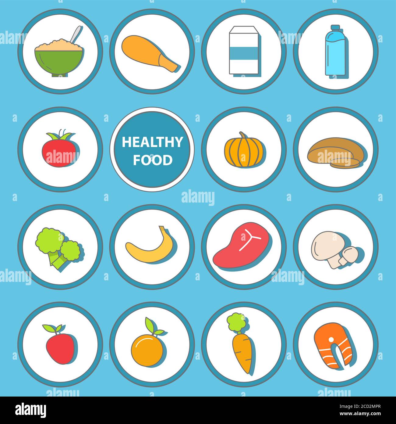 Insieme vettoriale di icone di cibo sano in stile piatto Illustrazione Vettoriale