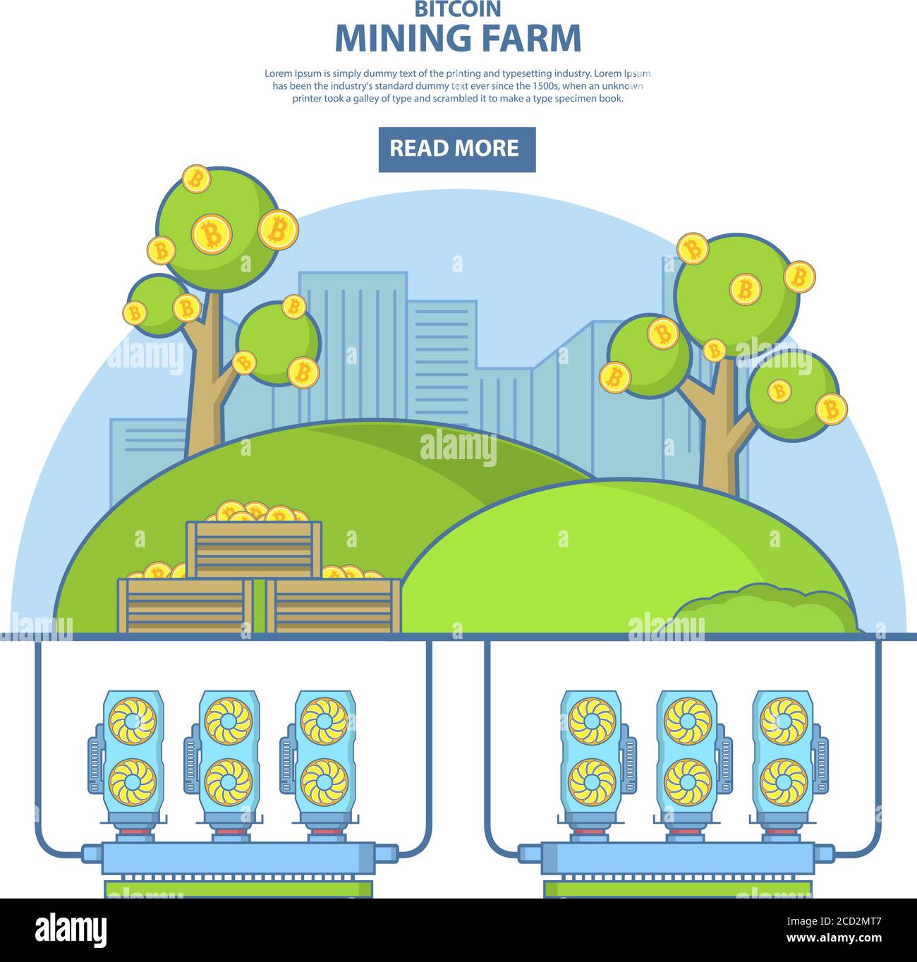 Illustrazione vettoriale del concetto di azienda mineraria Bitcoin in stile lineare Illustrazione Vettoriale