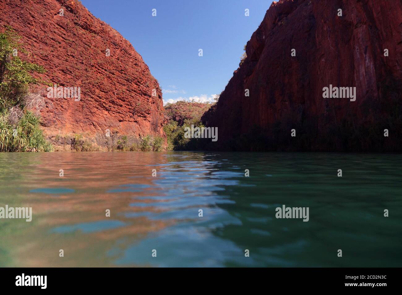 Pareti di gola rossa e fresche acque verdi della gola centrale, Boodjamulla (Lawn Hill) National Park, Queensland, Australia Foto Stock