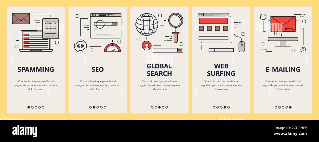 Insieme vettoriale di banner verticali con posta elettronica spam, seo, ricerca e web surf elementi concettuali in stile lineare. Simboli di design piatto a linee sottili Illustrazione Vettoriale