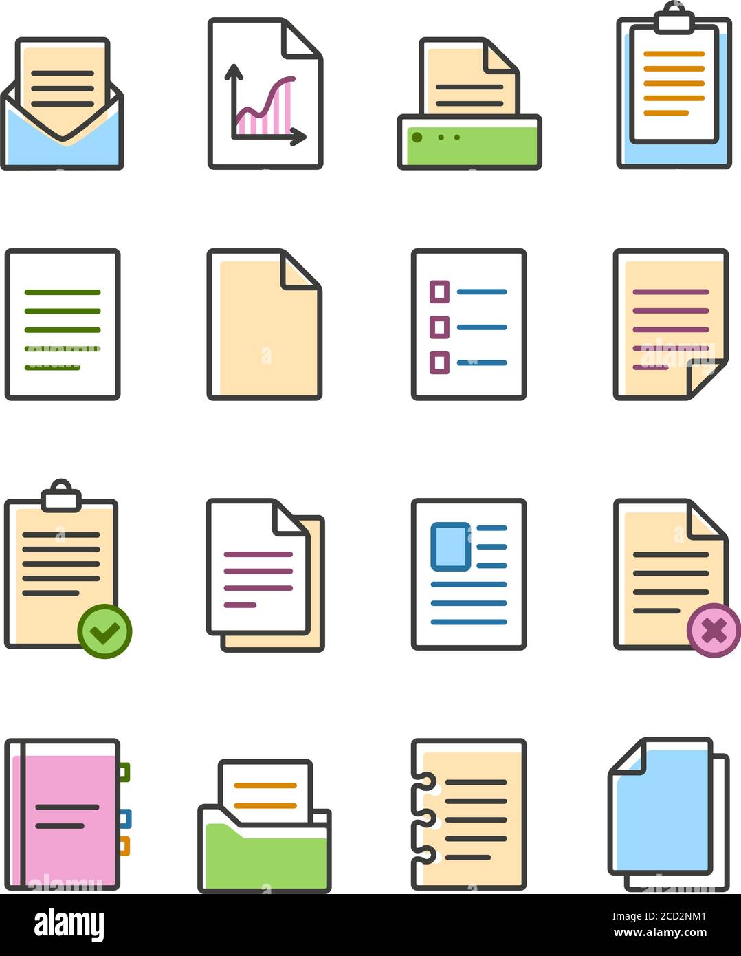 Icone di documenti lineari vettoriali isolate su bianco, icona carta. Set di icone del documento Office. Illustrazione Vettoriale