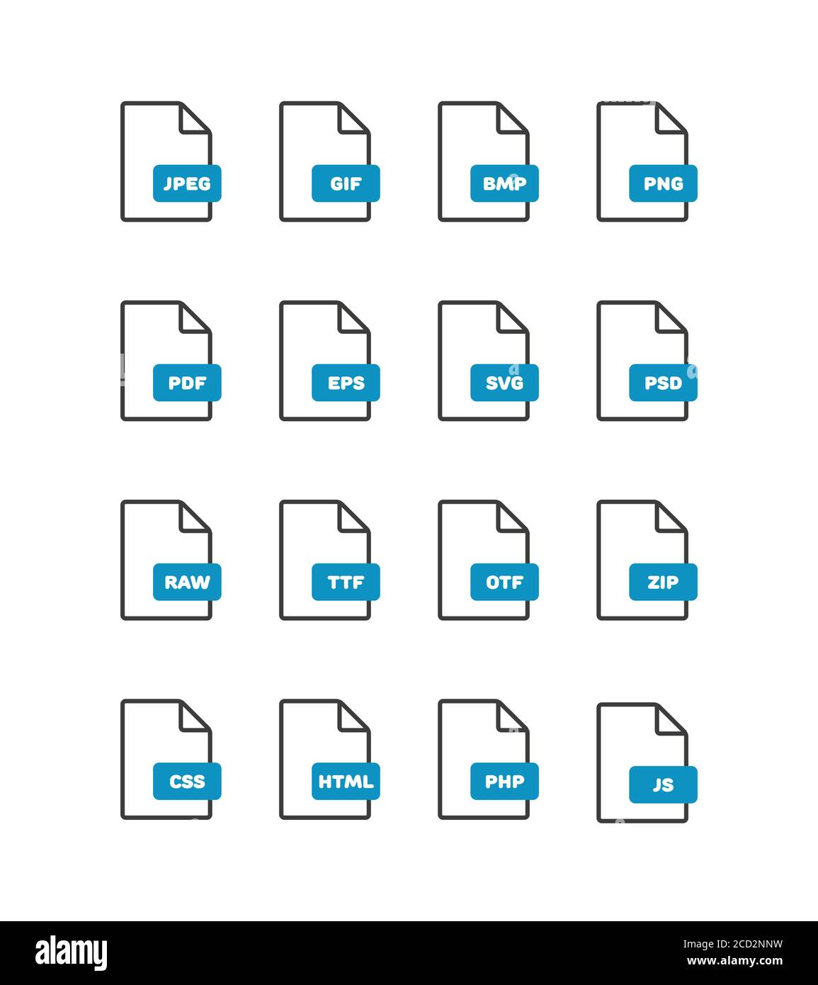 Set di icone di formato di file vettoriali sottili lineari, icone di contorno del documento. Icone del formato file con iscrizioni. Icone delle etichette del formato file per applicazioni Web e mobili Illustrazione Vettoriale