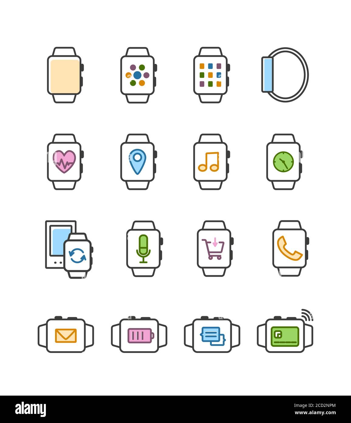 Set di icone di smart watch vettoriali outline. Simboli smartwatch. Fitness tracker, pagamento mobile, sincronizzazione Illustrazione Vettoriale