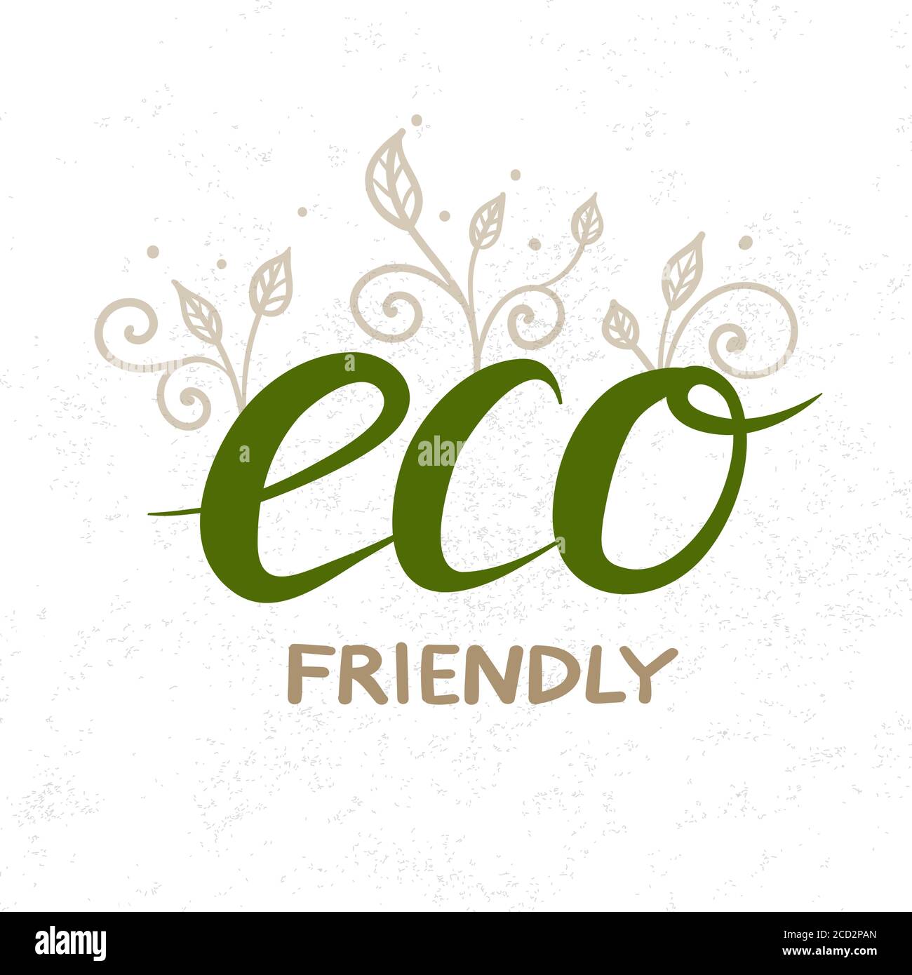 Caratteri eco-compatibili disegnati a mano con piante di doodle isolate su bianco. Frase vettoriale per il disegno ecologico. Simbolo di ecologia. Illustrazione Vettoriale