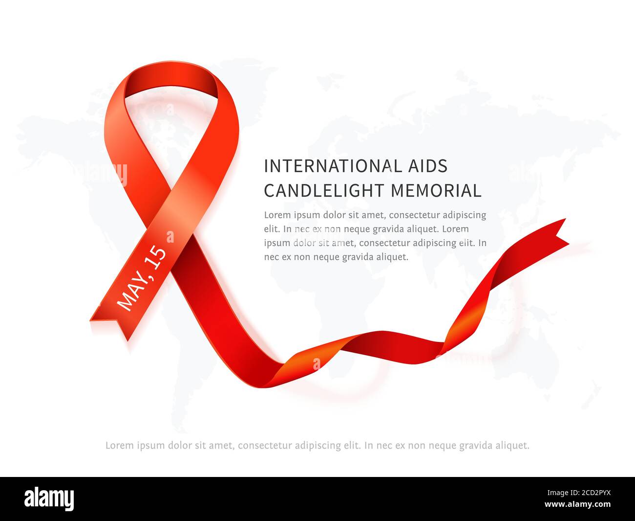 NASTRO vettore rosso AIDS Awareness, simbolo della giornata commemorativa dell'AIDS con coda a vortice lunga, mappa delle parole e spazio per il testo isolato su bianco. NASTRO DI SUPPORTO. Realis Illustrazione Vettoriale