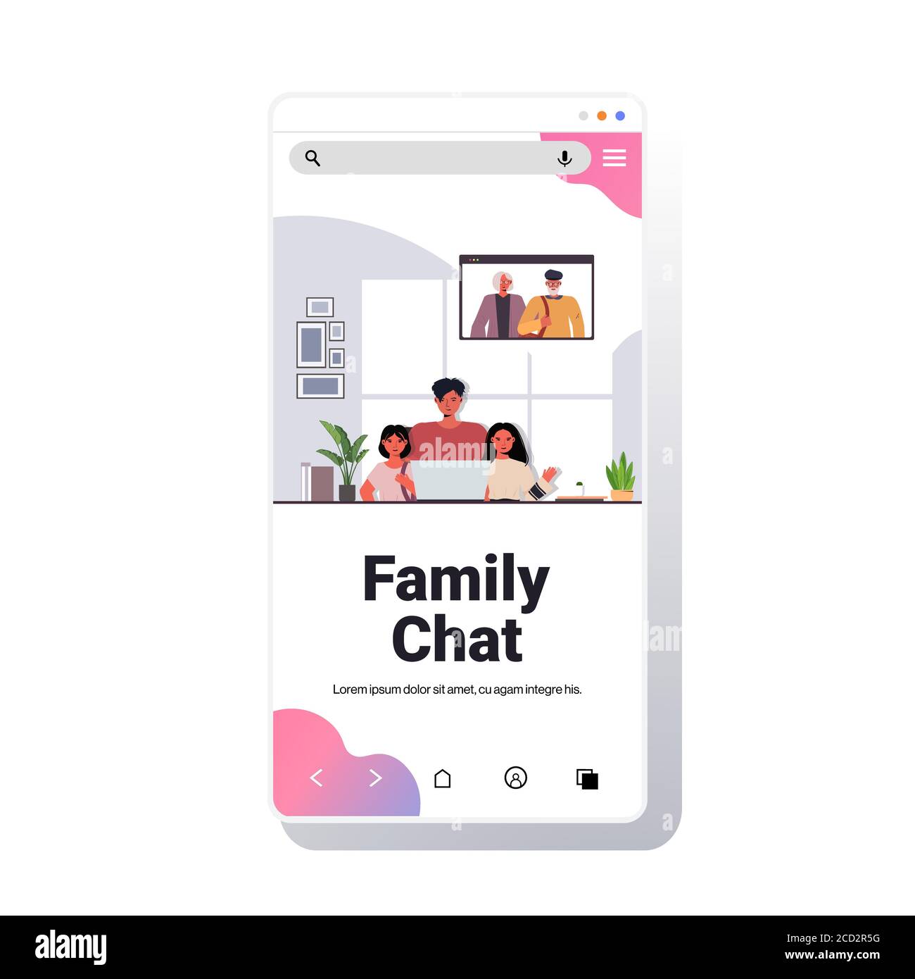 padre e figli che hanno un incontro virtuale con i nonni in rete finestra del browser durante la videochiamata lo smartphone concetto di comunicazione chat di famiglia immagine vettoriale verticale dello spazio di copia dello schermo Illustrazione Vettoriale
