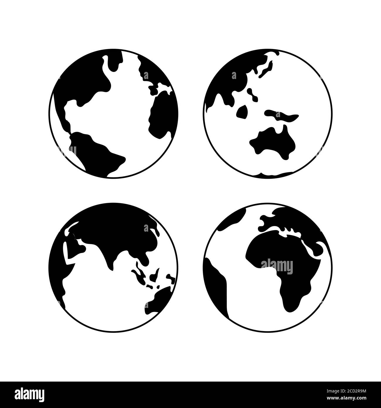 Globo Earth vettore nero icone set, vettore globo segni isolato su bianco. Icone a globo per il Web e le applicazioni. Concetto di viaggio. Icone globo per geogra Illustrazione Vettoriale