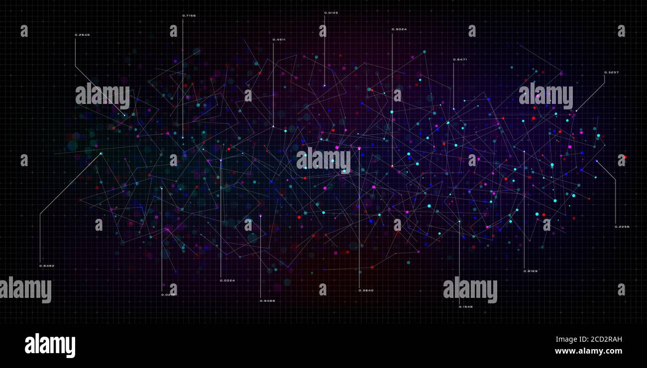 Visualizzazione dei big data. Nebulosa di particelle multicolore con elementi di richiamo. Astratto scienza tecnologia sfondo con griglia. Vettore Illustrazione Vettoriale