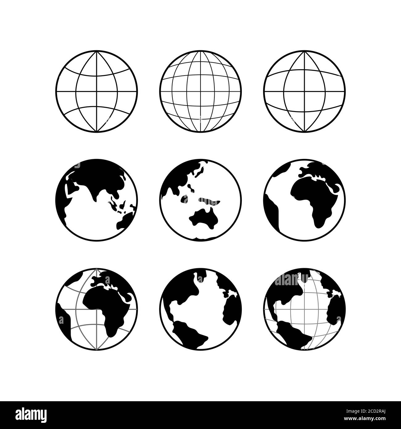 Globo Earth vettore nero icone set, vettore globo segni isolato su bianco. Concetto di viaggio e scienza. Illustrazione Vettoriale