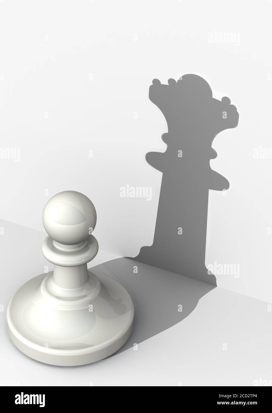 Pawn con alta autostima. Scacchi. Pegno bianco con l'ombra della regina. Il concetto di autostima molto alta. Illustrazione 3D Foto Stock