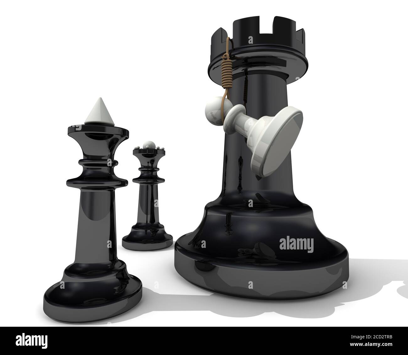 Esecuzione della pedina bianca. L'esecuzione appeso una pedina bianca su un nero Rook alla presenza del re nero e della regina. Illustrazione 3D Foto Stock