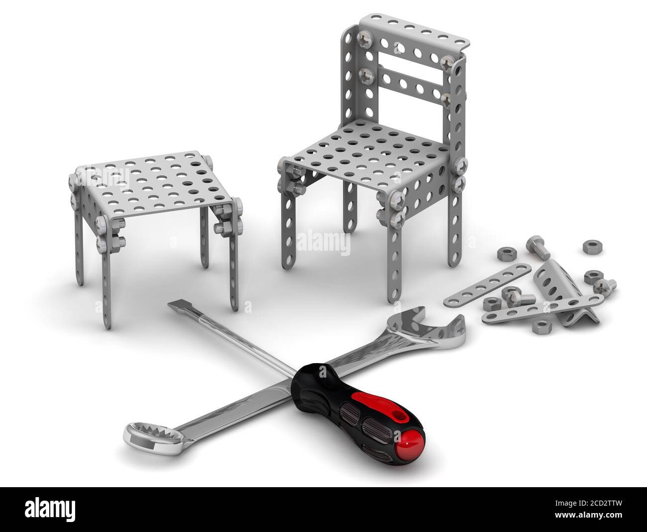 Kit di costruzione. Sgabello raccolto da bambini designer e dettagli del kit di costruzione su una superficie bianca. Illustrazione 3D Foto Stock