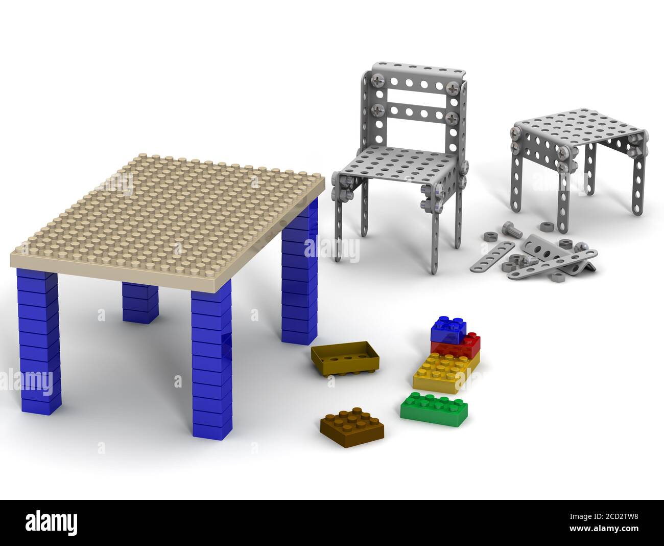 Artigianato dal designer. Sedia e tavolo raccolti dal designer per bambini e dettagli del kit da costruzione su una superficie bianca. Illustrazione 3D Foto Stock