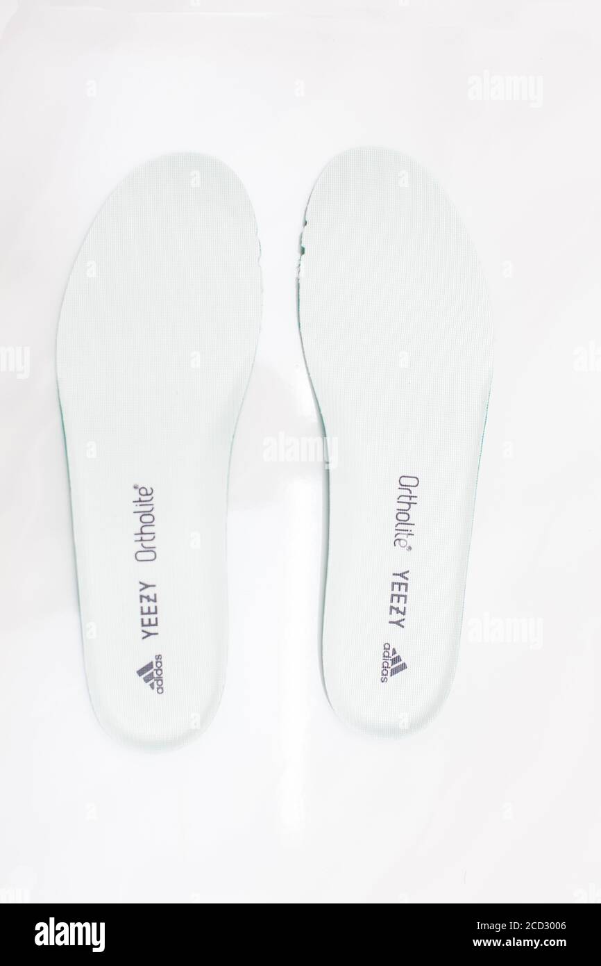 Vista verticale. Foot Wear Orthotic Insole design, Yeezy Boost 500. sfondo bianco. Foto Stock