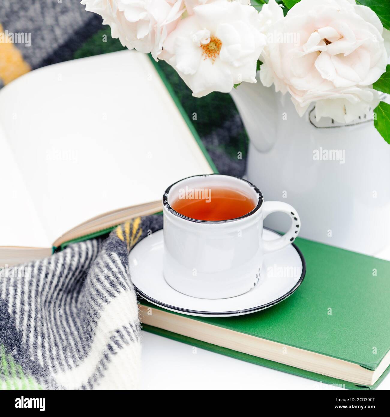 Tazza di tè vicino libro aperto, fiori rosa bianca selvatica in vaso, plaid caldo su tavola bianca fuori in giardino. Romantica colazione di piacere con la natura Foto Stock