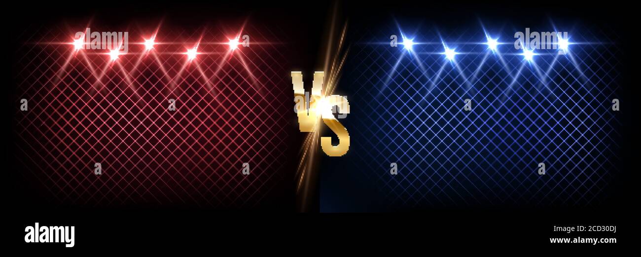 Concetto di banner vettoriale di battaglia. Illustrazione della concorrenza per ragazze e ragazzi con simbolo e faretti incandescenti. Promozione per eventi night club. MMA Illustrazione Vettoriale