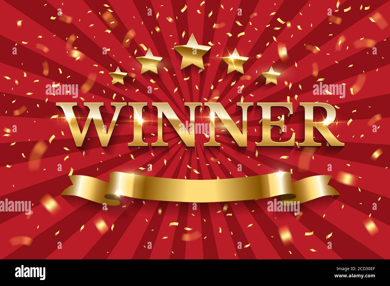 Vector Golden 3D realistico segno Vincitore con cinque stelle e nastro su sfondo a strisce rosse. Modello mockup per congratulazioni, vittoria, successo Illustrazione Vettoriale