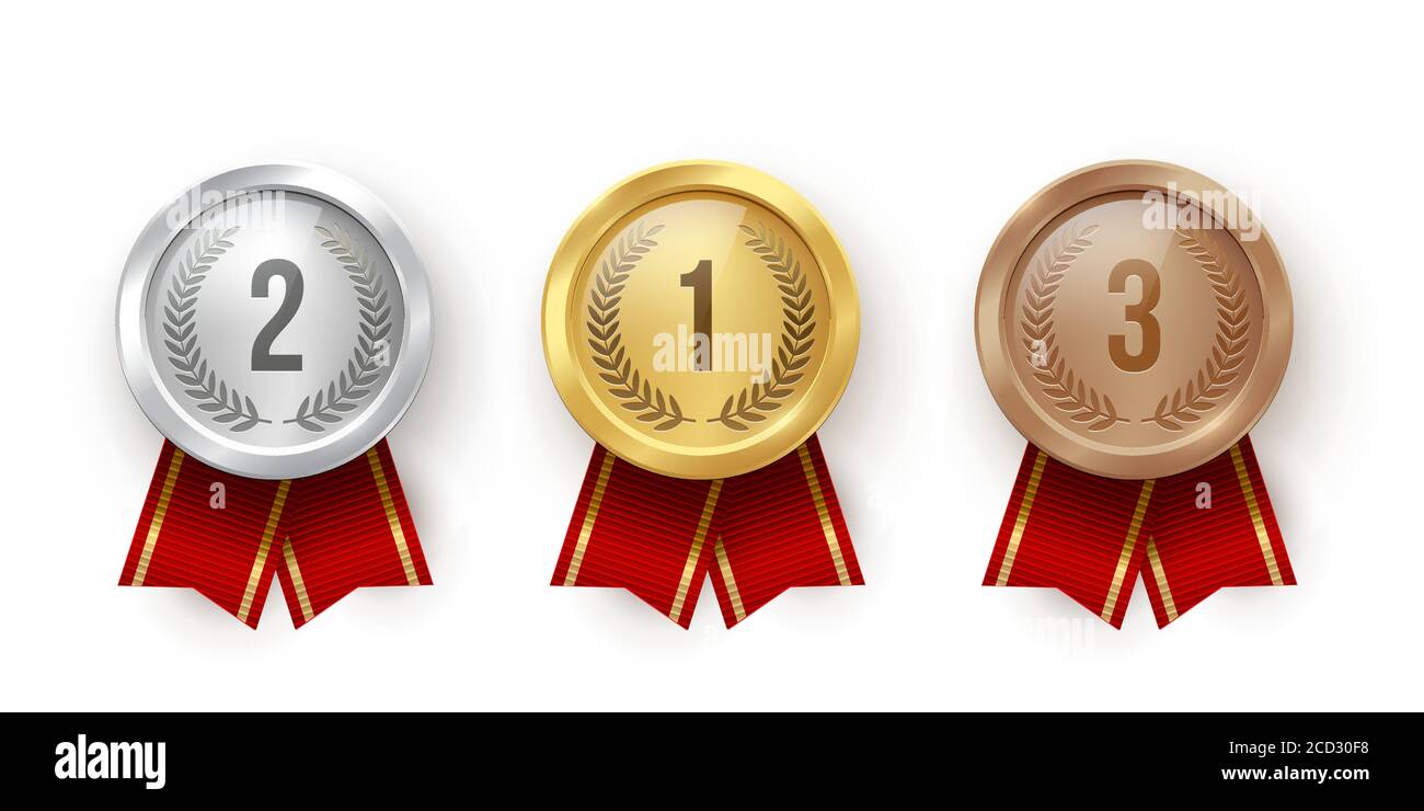 Medaglie bianche dorate, argentate e bronze con nastri rossi isolati su sfondo bianco. Illustrazione di sport vettoriali. Illustrazione Vettoriale