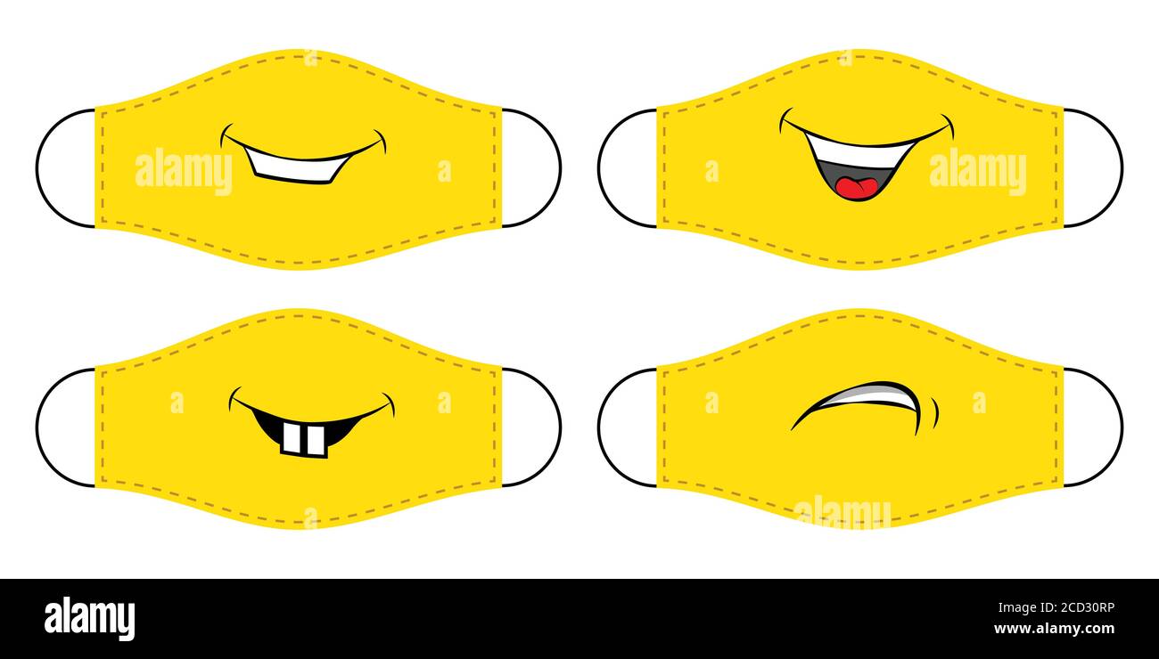 Maschera protettiva gialla vettoriale isolata su sfondo bianco. Mood design sorridente. Facciale protettivo del virus respiratorio sorridente divertente Illustrazione Vettoriale