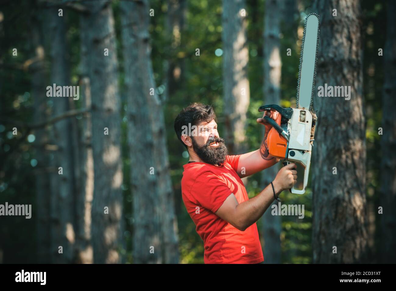 Lumberjack lavoratore a piedi nella foresta con motosega. Motosega  professionale con laccio nella foresta. La registrazione illegale continua  oggi Foto stock - Alamy