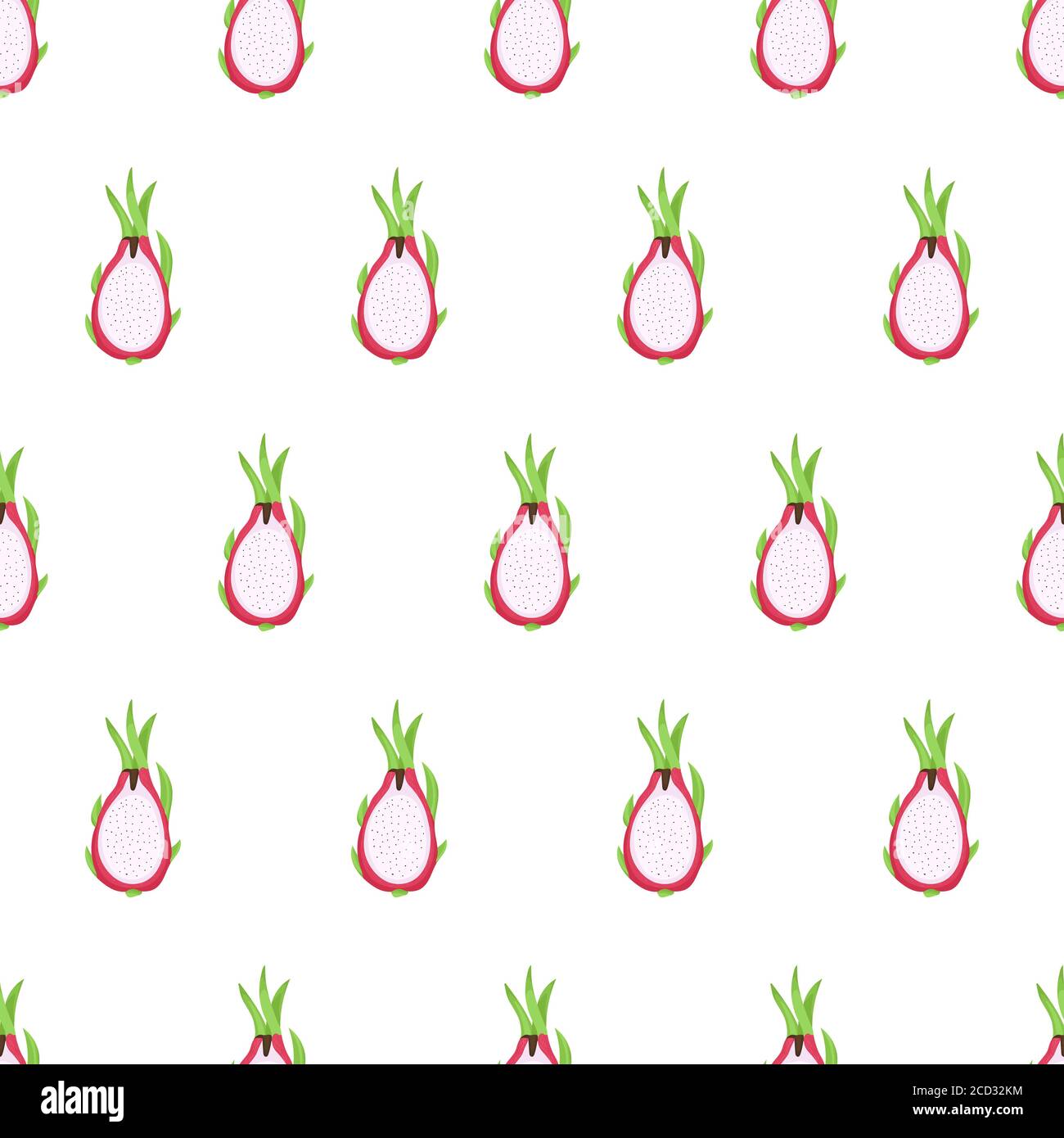 Motivo senza cuciture Dragon Fruit per il design dei vestiti. Ornamento tessile. Mezza fetta di frutta. Illustrazione Vettoriale