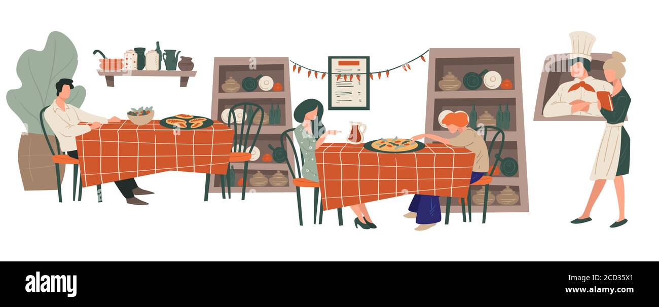 Ristorante italiano e cucina tradizionale, persone che mangiano e bevono Illustrazione Vettoriale