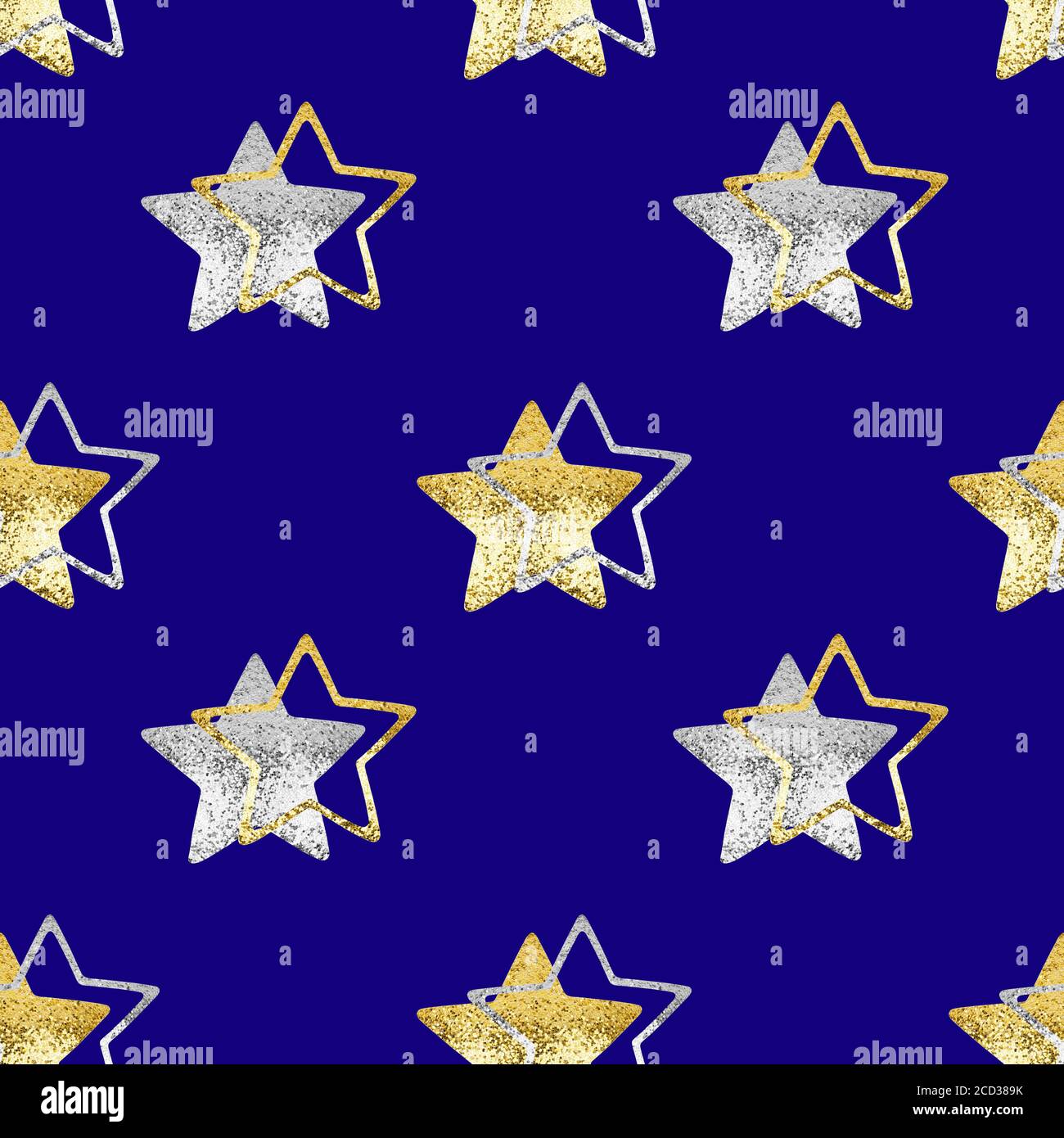 Senza cuciture motivo oro & argento stelle blu sfondo isolato, decorativo stelle lucide ripetizione ornamento, luminoso scintillante Сhristmas decorazione stellata Foto Stock