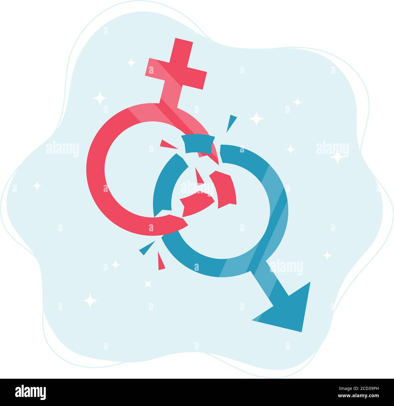 Concetto di norme di genere. Simboli di genere che si rompono in pezzi. Illustrazione vettoriale in stile piatto Illustrazione Vettoriale