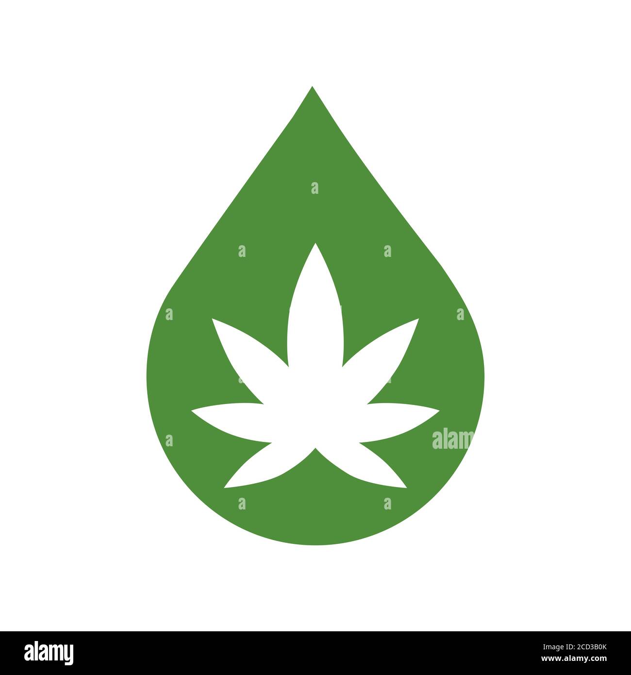 Icona di una foglia di marijuana in una goccia di olio. Design piatto e verde. Illustrazione Vettoriale
