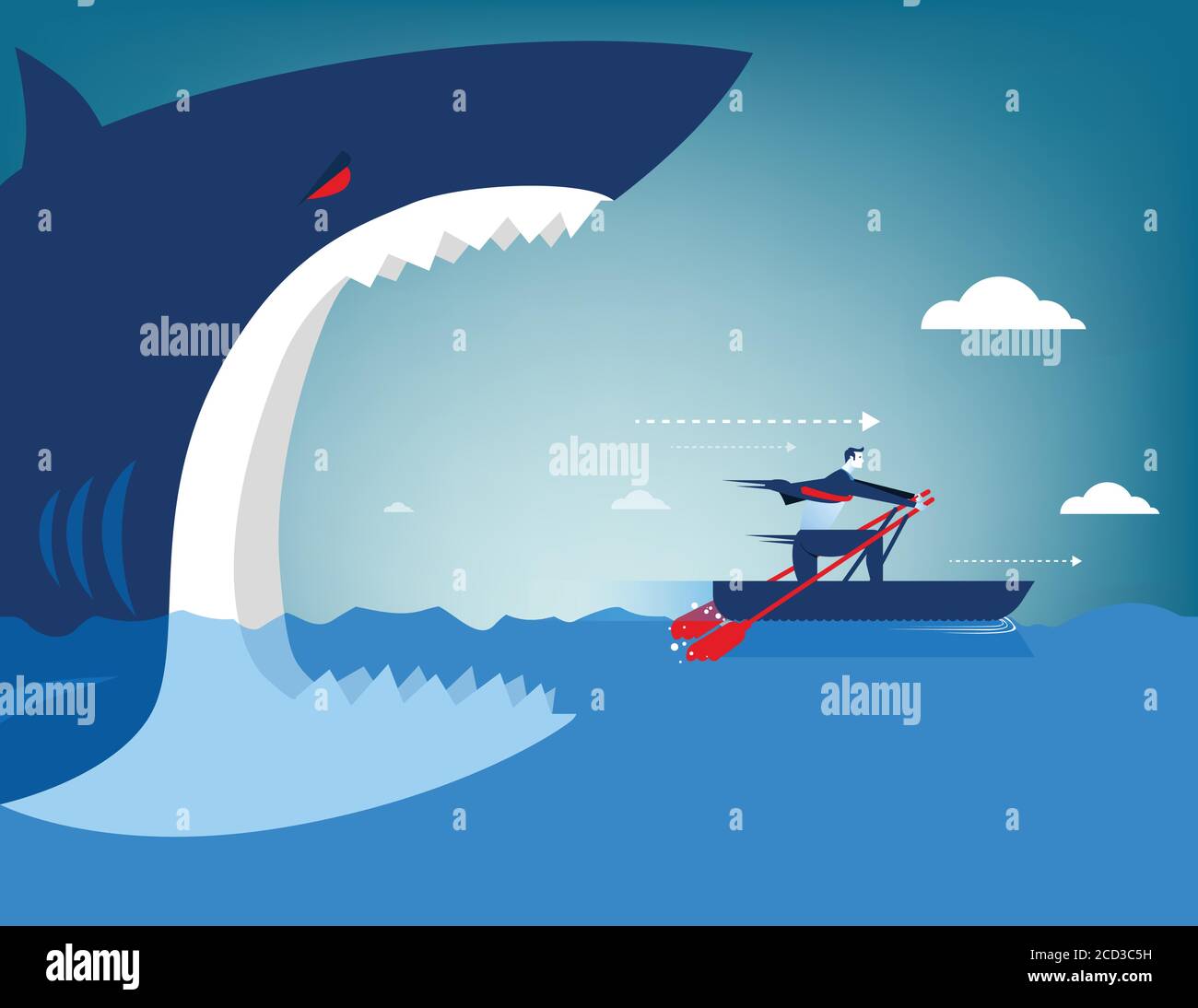 Uomo d'affari fuga sullo squalo. Illustrazione aziendale concettuale Illustrazione Vettoriale