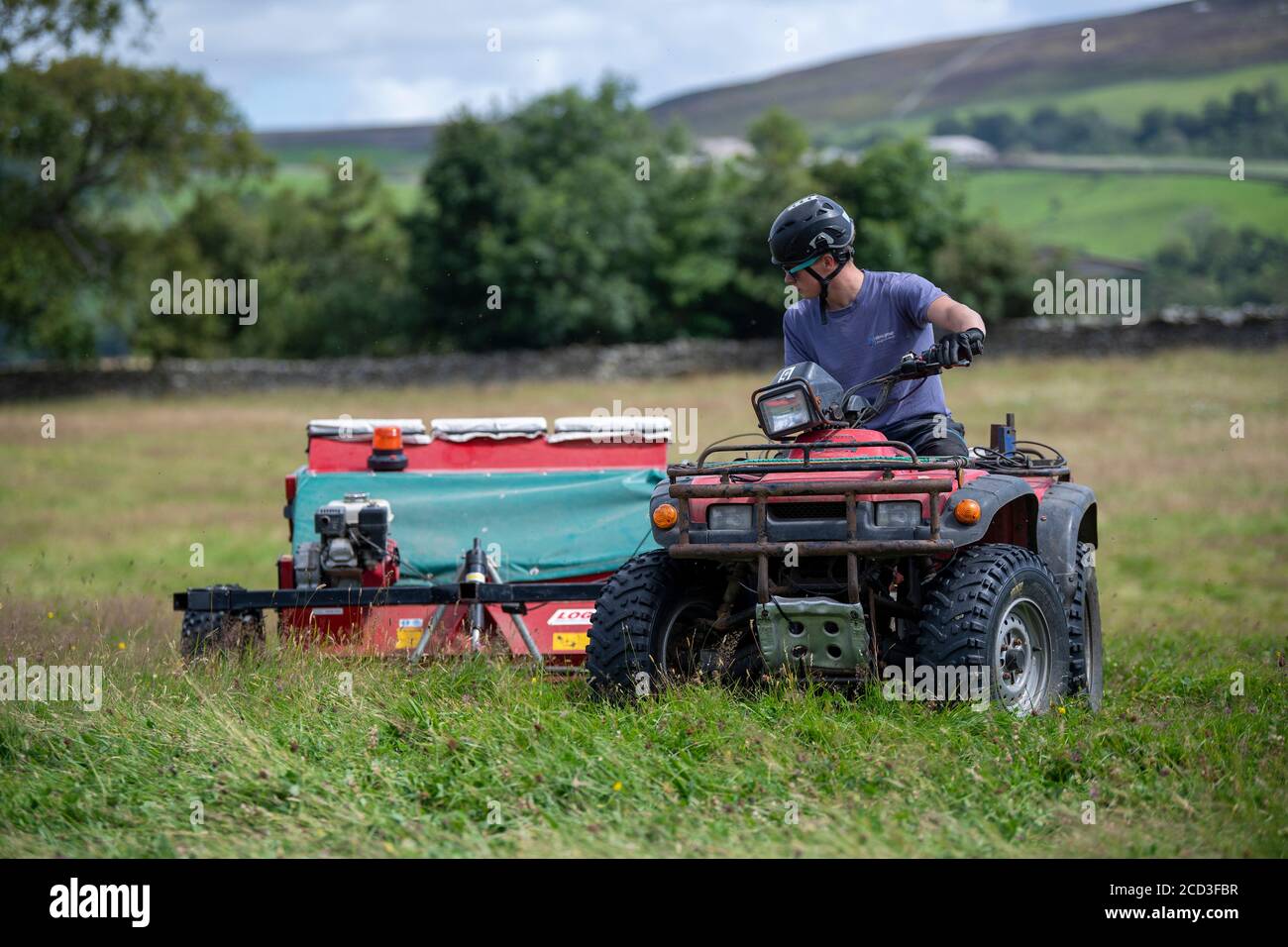 Contractor su una moto quad e un semi specializzato, raccogliendo i semi di fiori selvatici da un prato di fieno tradizionale. North Yorkshire, Regno Unito. Foto Stock