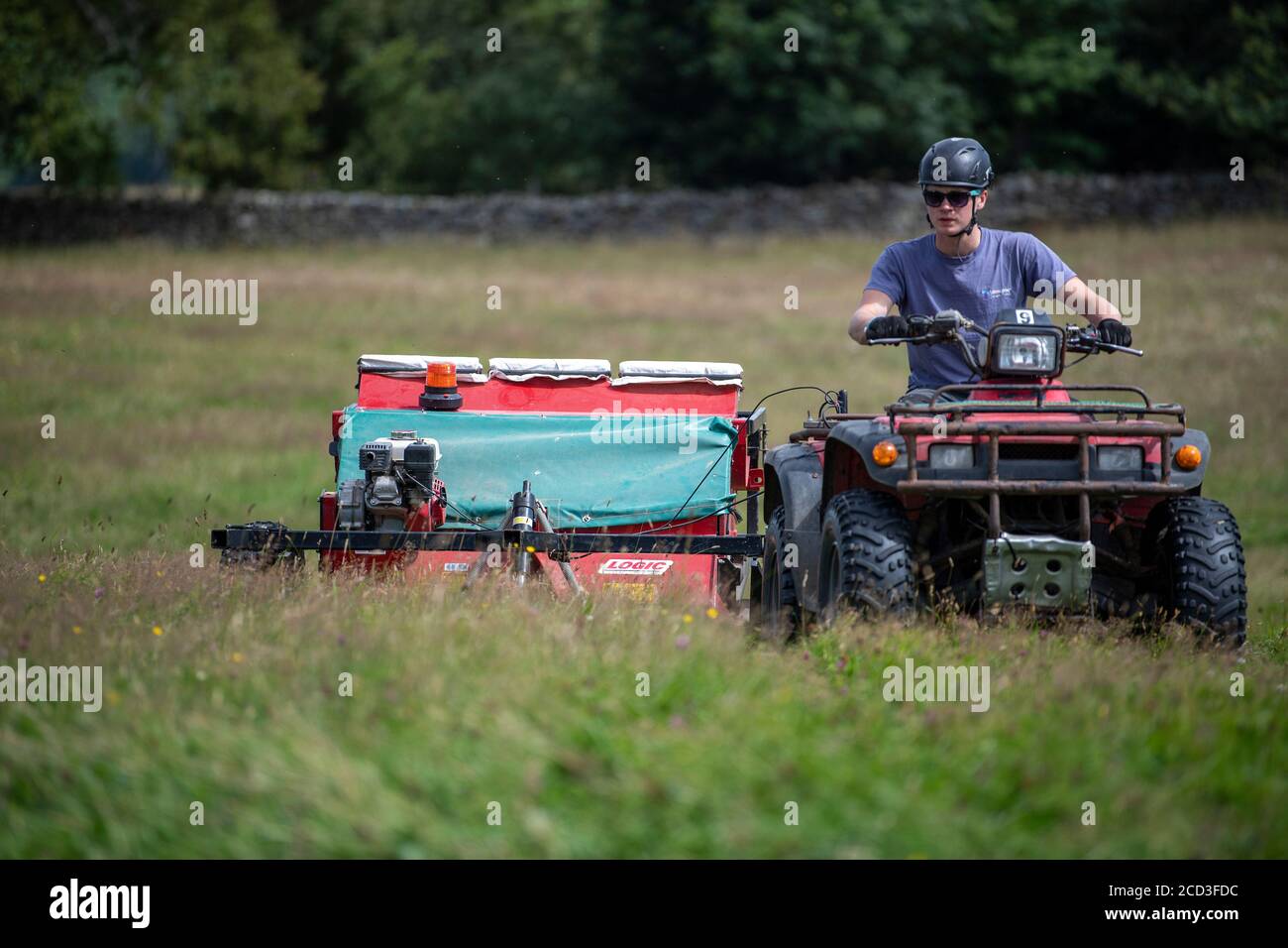 Contractor su una moto quad e un semi specializzato, raccogliendo i semi di fiori selvatici da un prato di fieno tradizionale. North Yorkshire, Regno Unito. Foto Stock