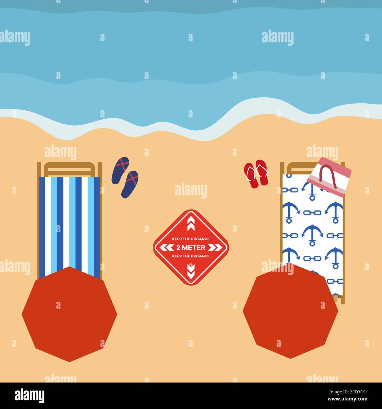 Illustrazione vettoriale che apre le spiagge dopo la quarantena COVID-19, pandemia di coronavirus. Ombrelloni, luoghi per rilassarsi a distanza Social Distancing. SUMM Illustrazione Vettoriale