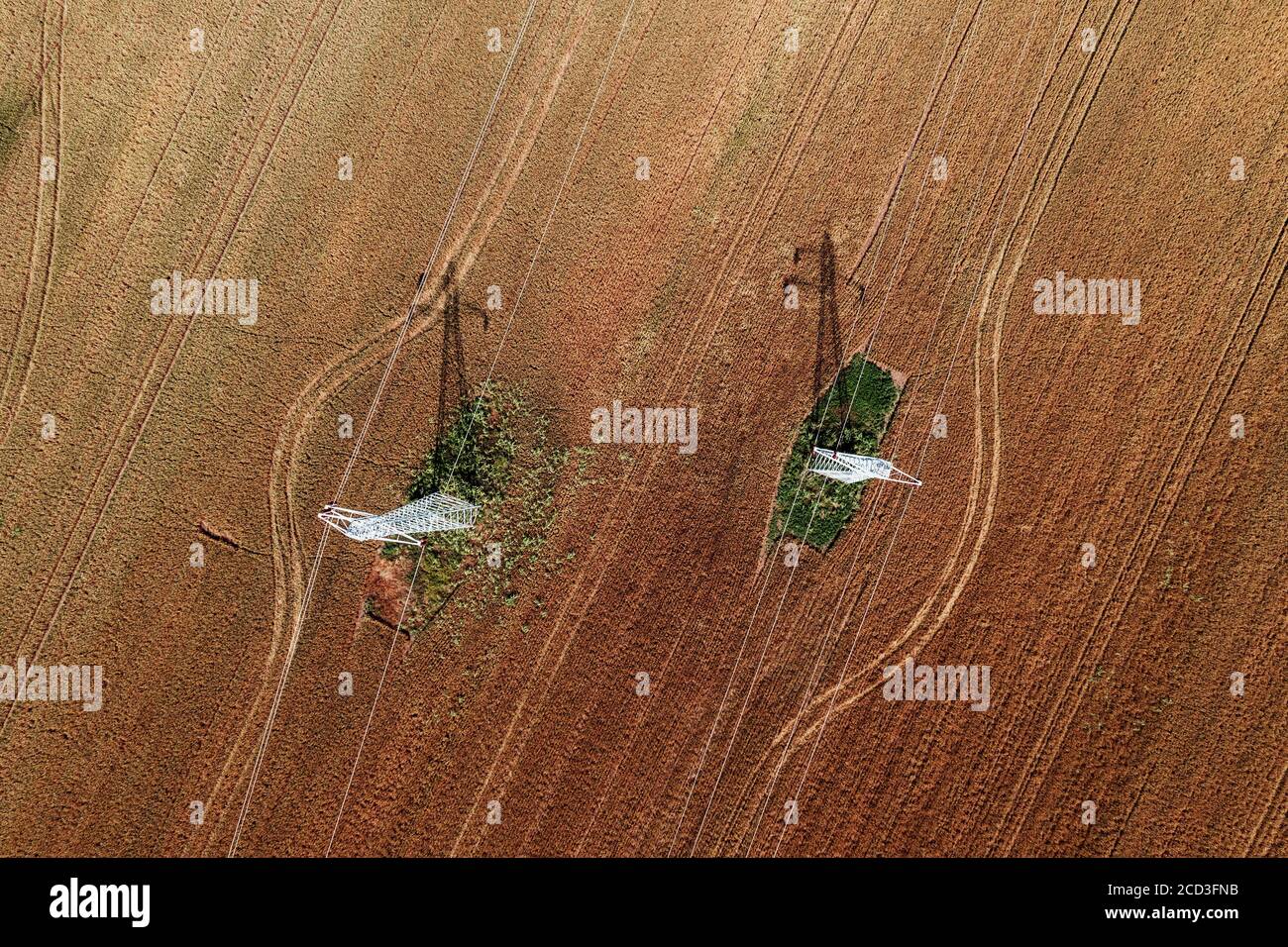 Vista aerea dei piloni elettrici nel campo agricolo che colano l'ombra sui raccolti, vista dall'alto, fotografia di droni Foto Stock