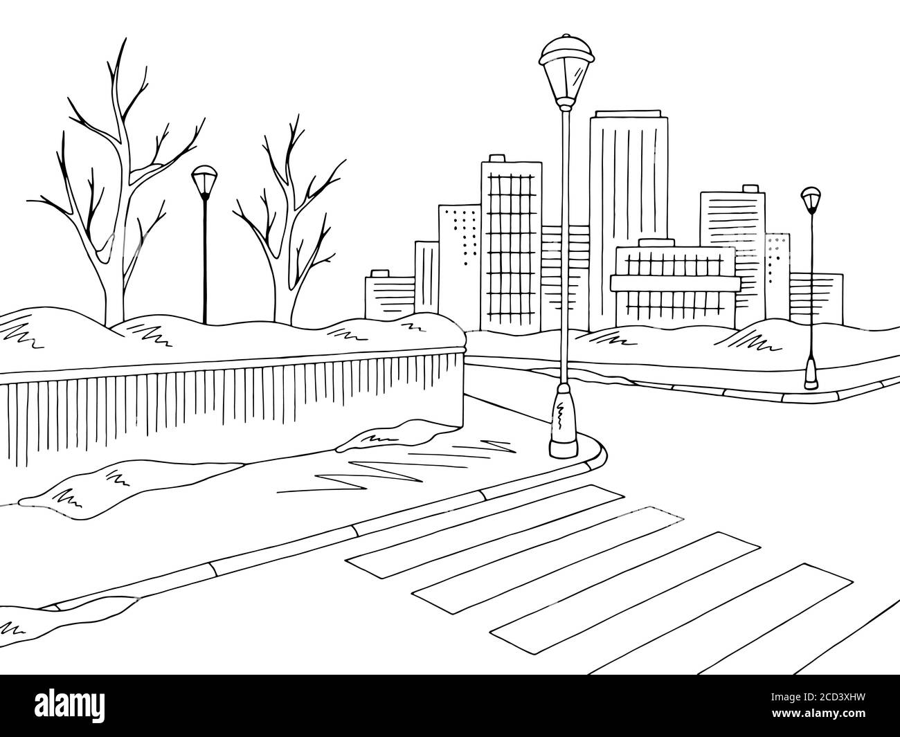 Inverno strada grafica nero bianco disegno paesaggio illustrazione vettore Illustrazione Vettoriale