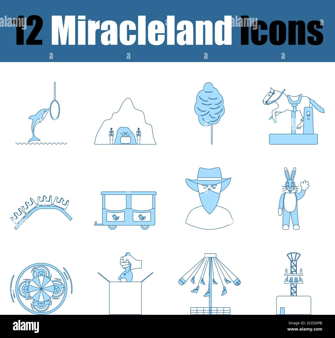 Set di icone Miracleland. Linea sottile con design di riempimento blu. Illustrazione vettoriale. Illustrazione Vettoriale
