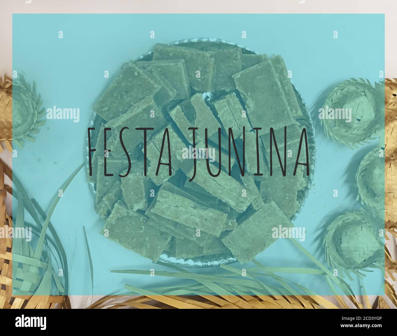 Disegno della parte di invito del biglietto con il testo scritto 'junina party' in portoghese. Foto Stock
