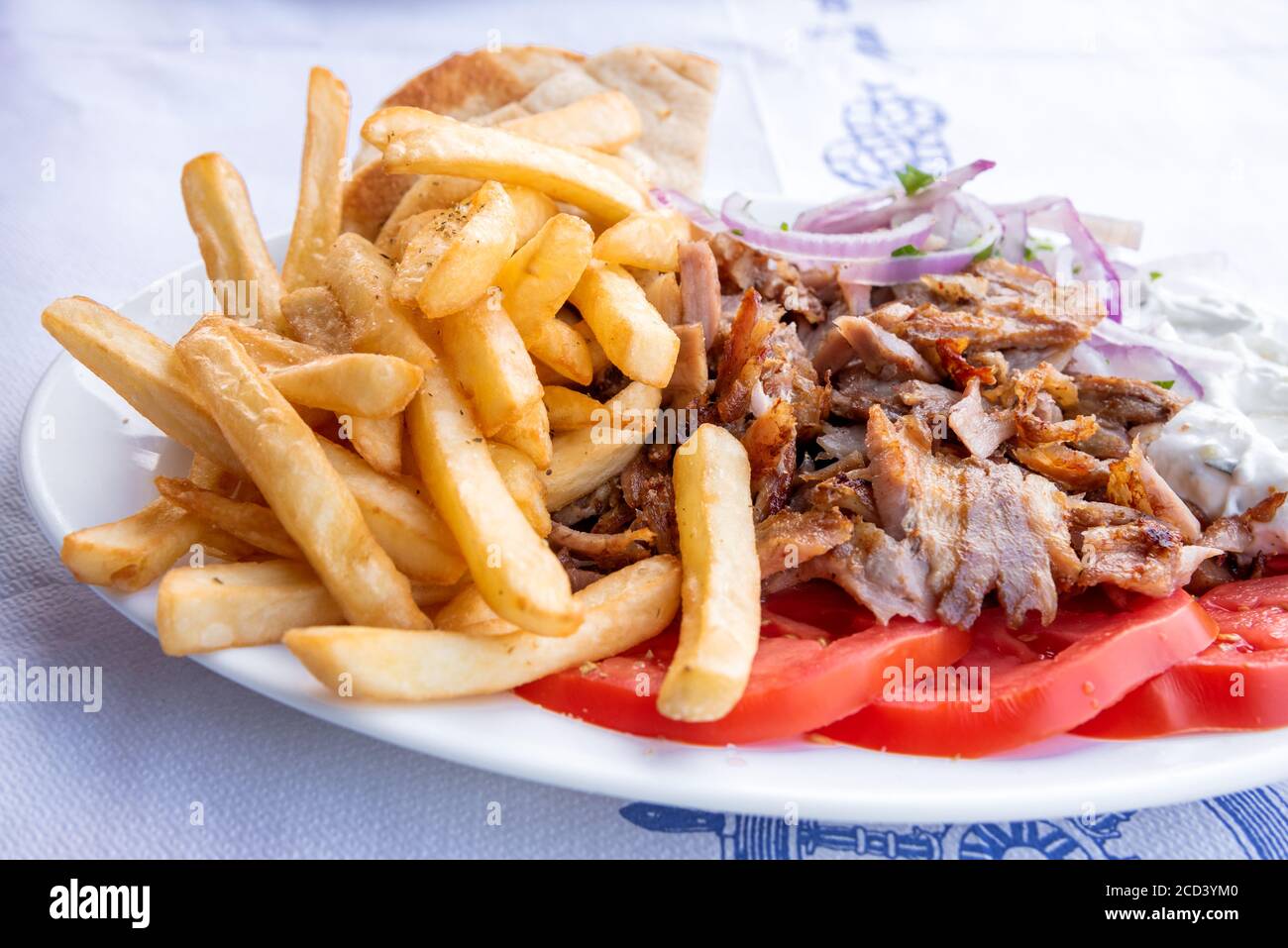 Souvlaki greco, cibo tradizionale greco, carne di maiale e patatine fritte con cipolla e salsa tzatziki. Foto Stock