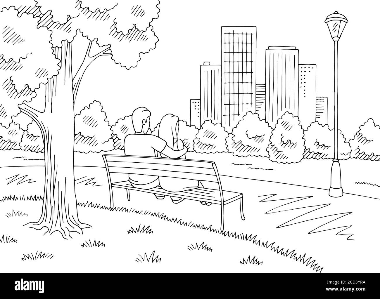 Uomo abbracciando una donna seduta su una panchina. Grafico di parcheggio bianco nero illustrazione dello schizzo del paesaggio vettore Illustrazione Vettoriale