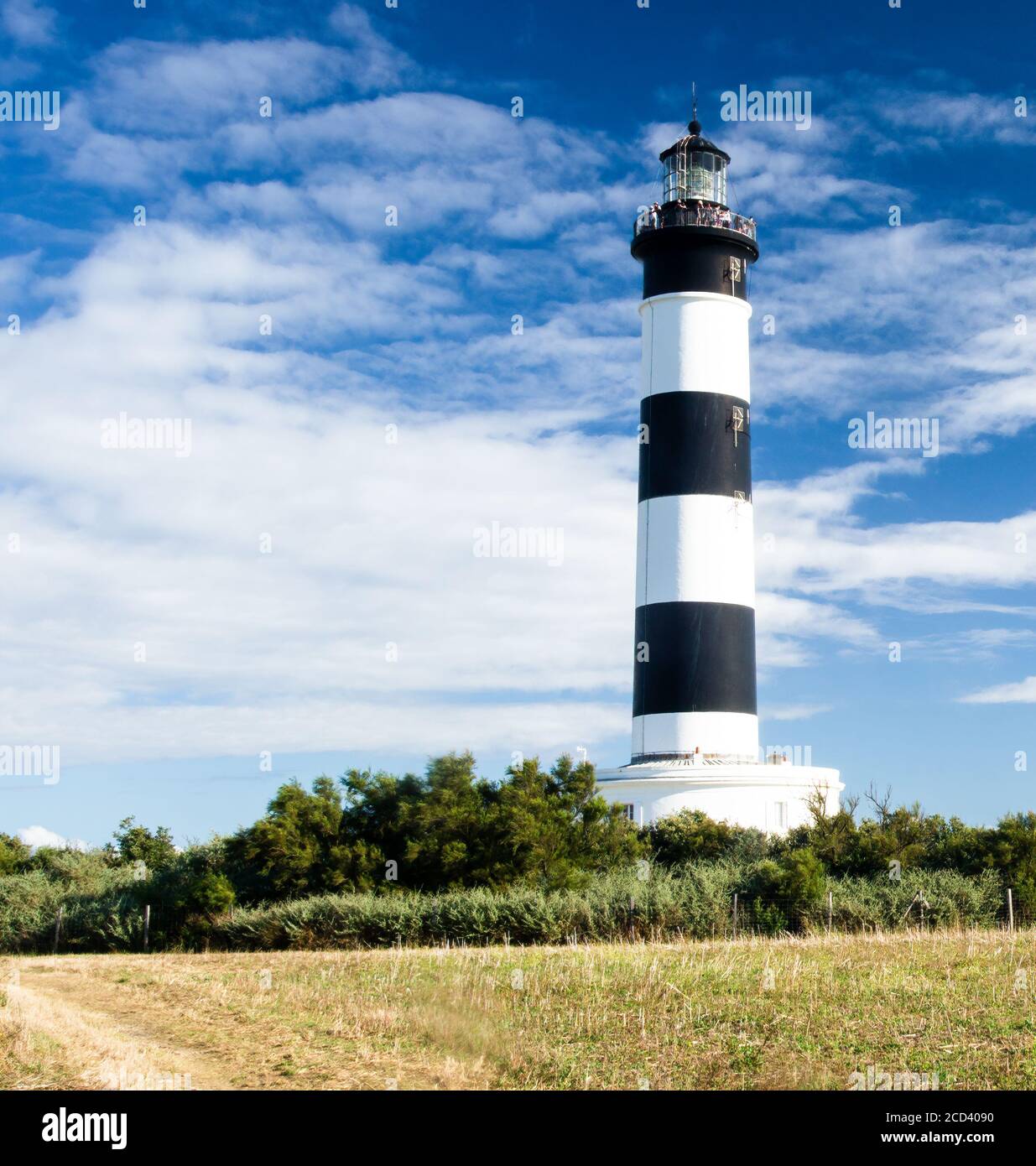 Faro con cielo blu e nuvole estive a chassiron, Oleron Island, Francia Foto Stock