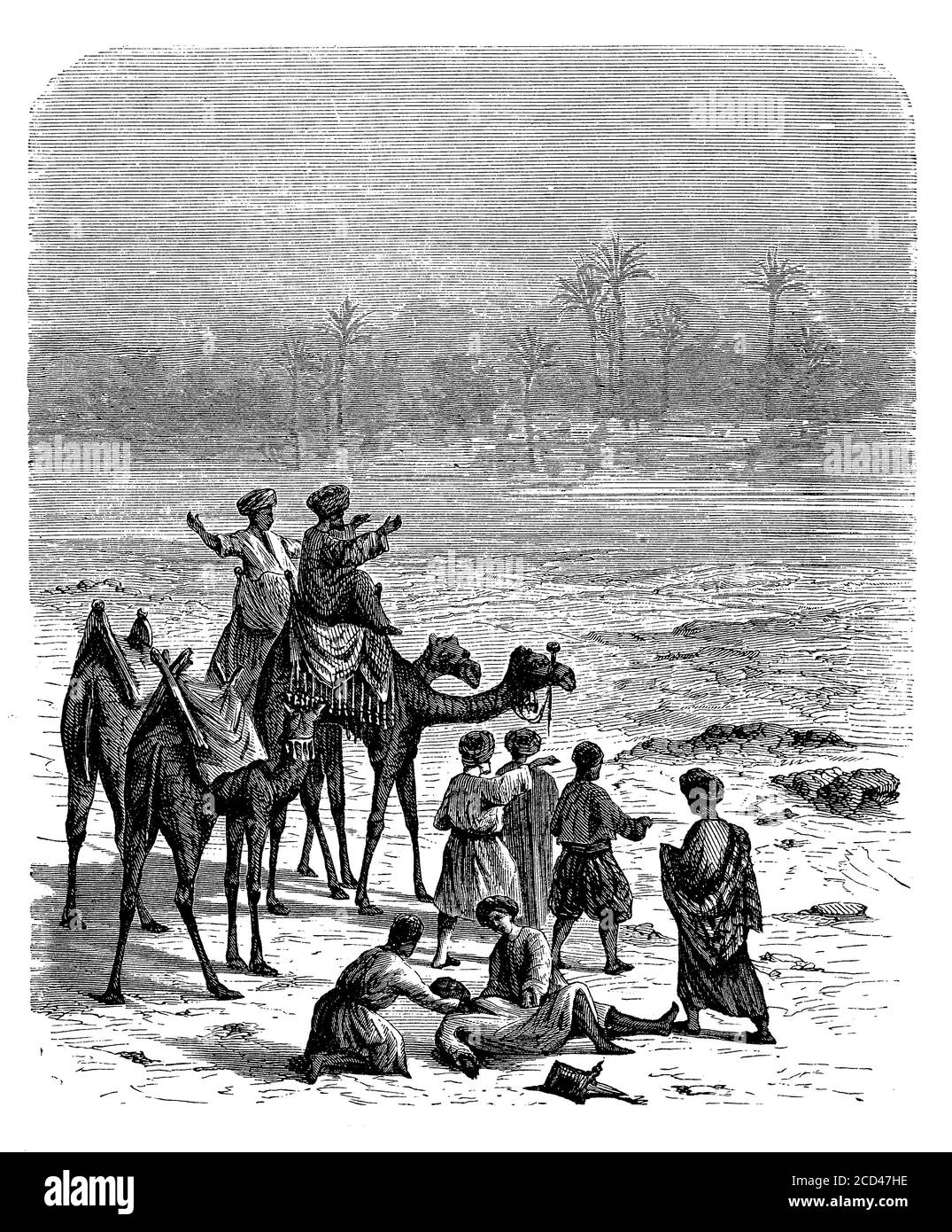 La carovana di persone che attraversano il deserto osserva un miraggio fata morgana, fenomeno ottico che distorce oggetti lontani; si verifica quando raggi di luce piegati che attraversano strati d'aria di temperature diverse Foto Stock