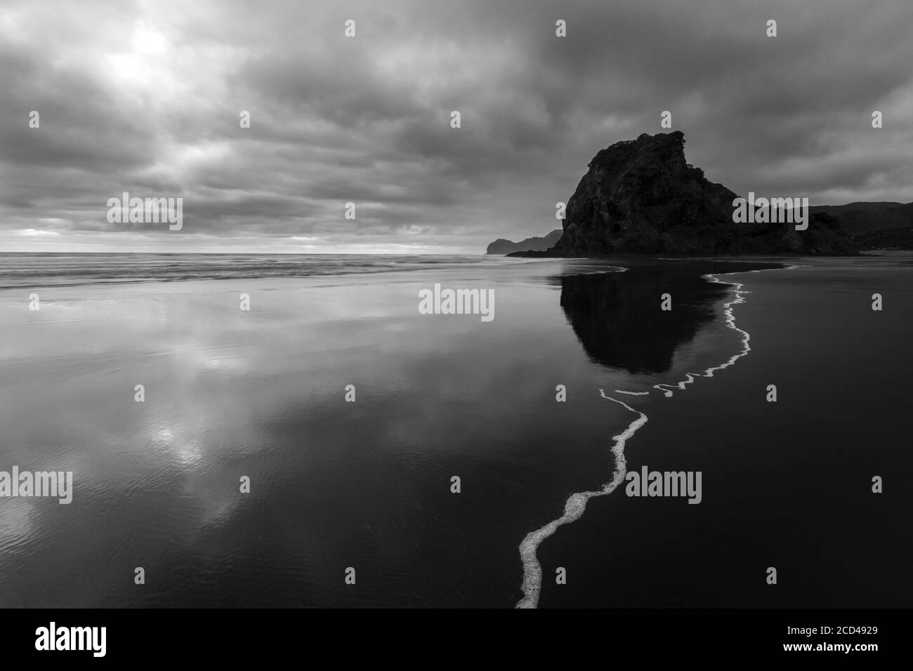 Una linea di schiuma di mare che conduce verso Lion Rock sulla spiaggia di Piha sulla costa occidentale di Auckland, Isola del Nord, Nuova Zelanda Foto Stock