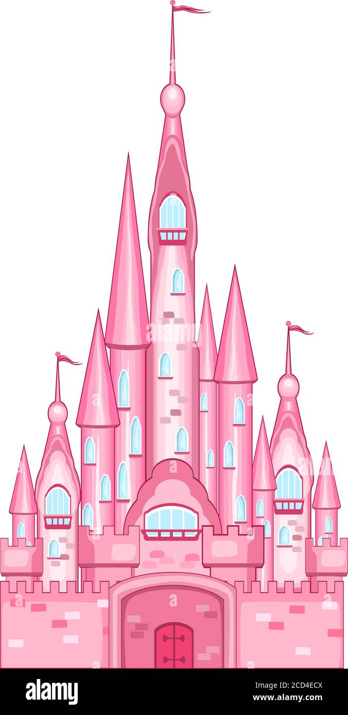 Cartoon castello rosa su sfondo bianco. Torri, mura, cancelli. Illustrazione Vettoriale