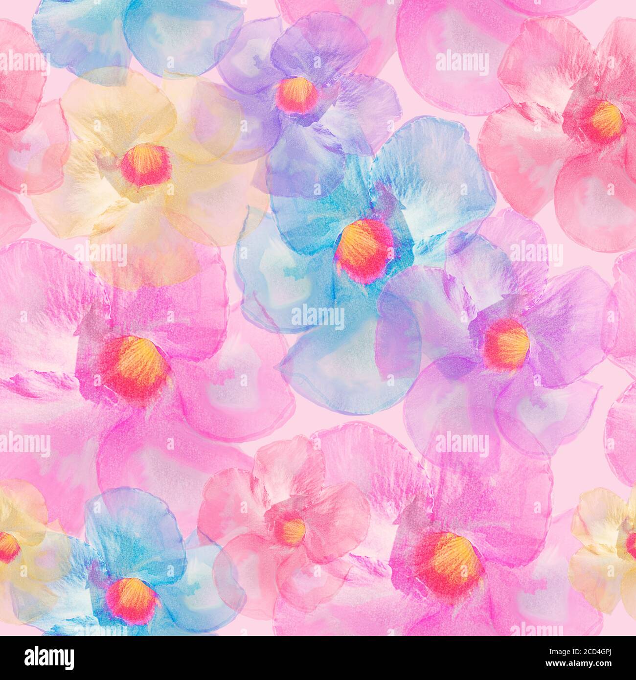 Design floreale senza cuciture con fiori tropicali per lo sfondo, motivo infinito. Illustrazione Watercolor. Foto Stock