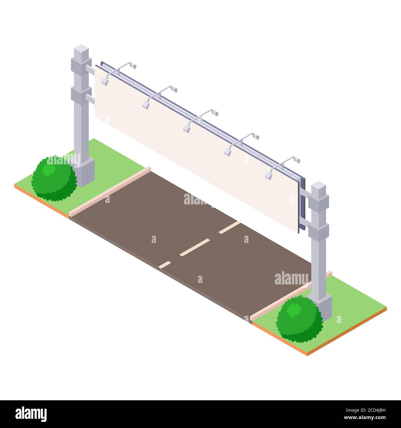 Cartelloni isometrici su terreno verde vicino alla strada per la pubblicità all'aperto. Illustrazione Vettoriale