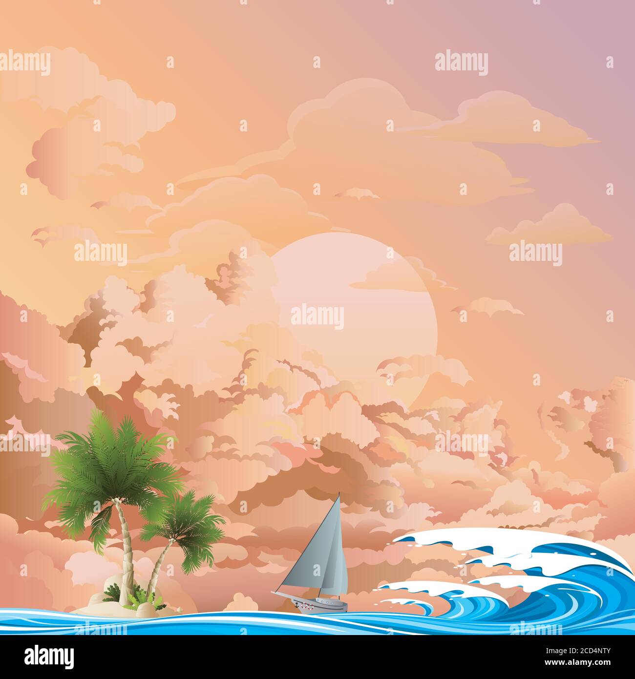 Yacht di lusso che naviga verso l'isola desertica remota con l'alto oceano onde contro un'alba o un crepuscolo cielo rosa Illustrazione Vettoriale