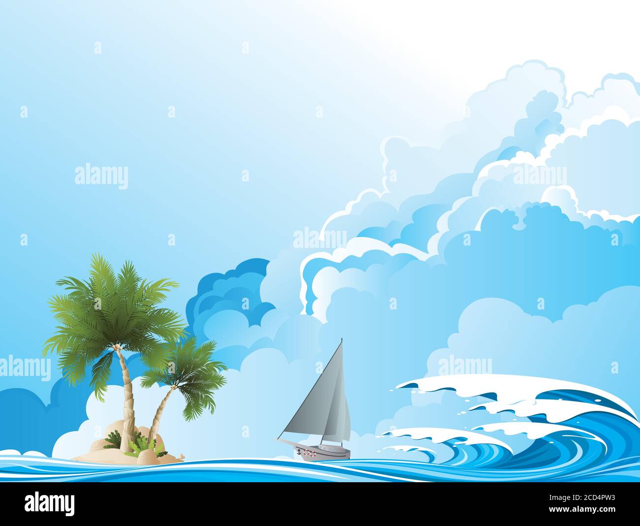 Yacht di lusso che naviga verso l'isola desertica remota con l'alto oceano le onde si infrangono contro un cielo blu nuvoloso Illustrazione Vettoriale