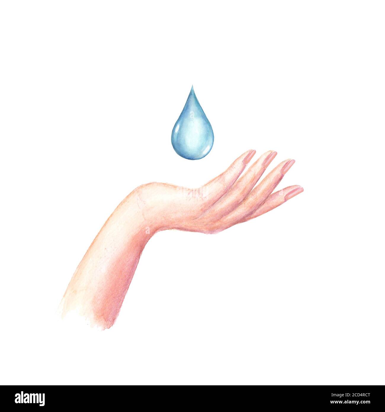 Acquerello bella mano della donna con goccia d'acqua isolata su sfondo bianco. Illustrazione disegnata a mano con acquerello. Natura, ecologia, ambiente prott Foto Stock